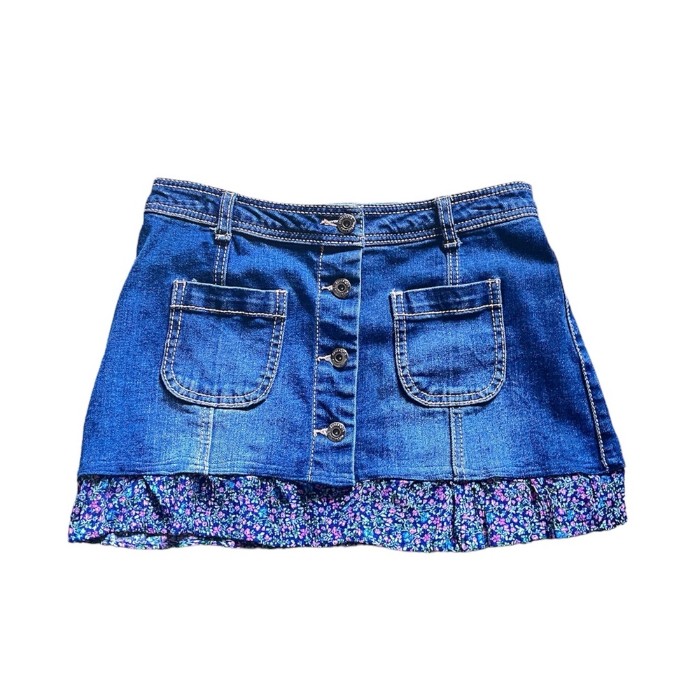 Vintage Y2K Upcycled Denim Floral Trim Mini Skirt